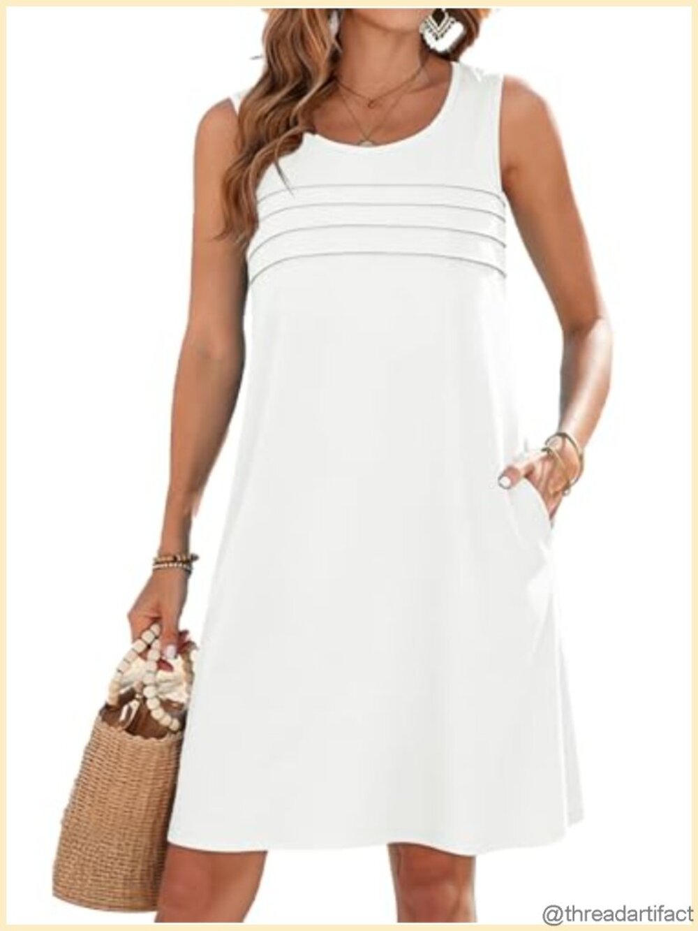 Womens Summer Tank Dress Pleated Front Sleeveless Knee Length with Pockets